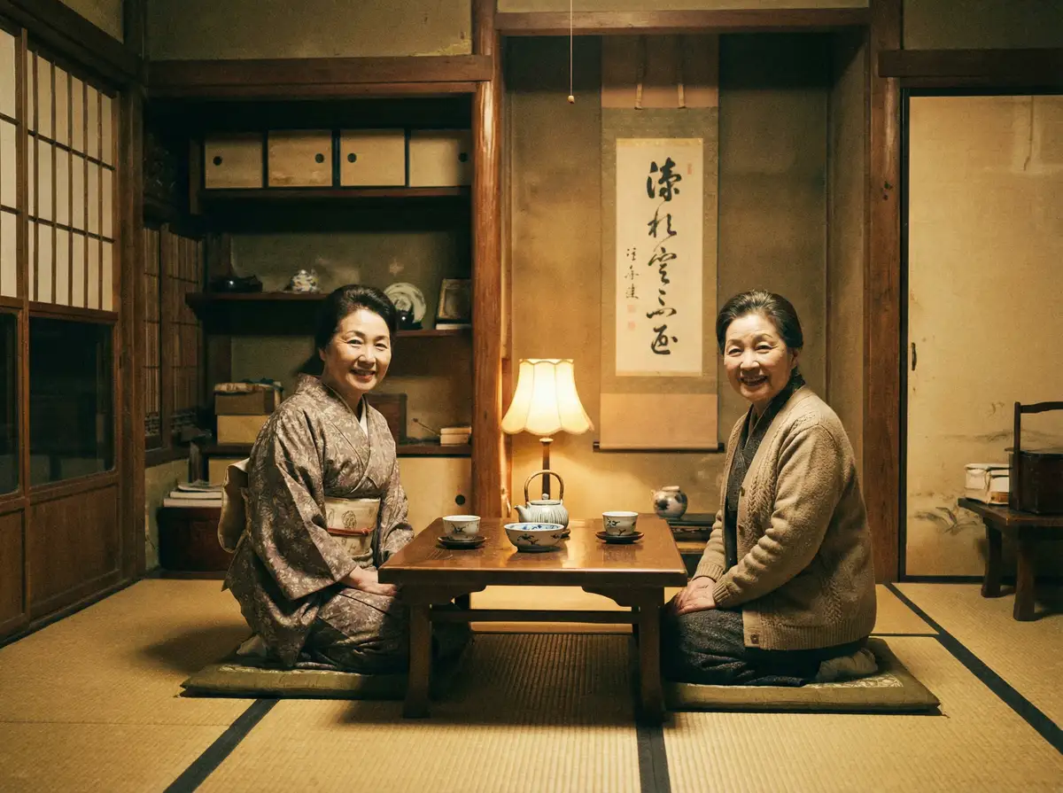 两位优雅的 肉漫屋 在日式茶室中品茶交谈